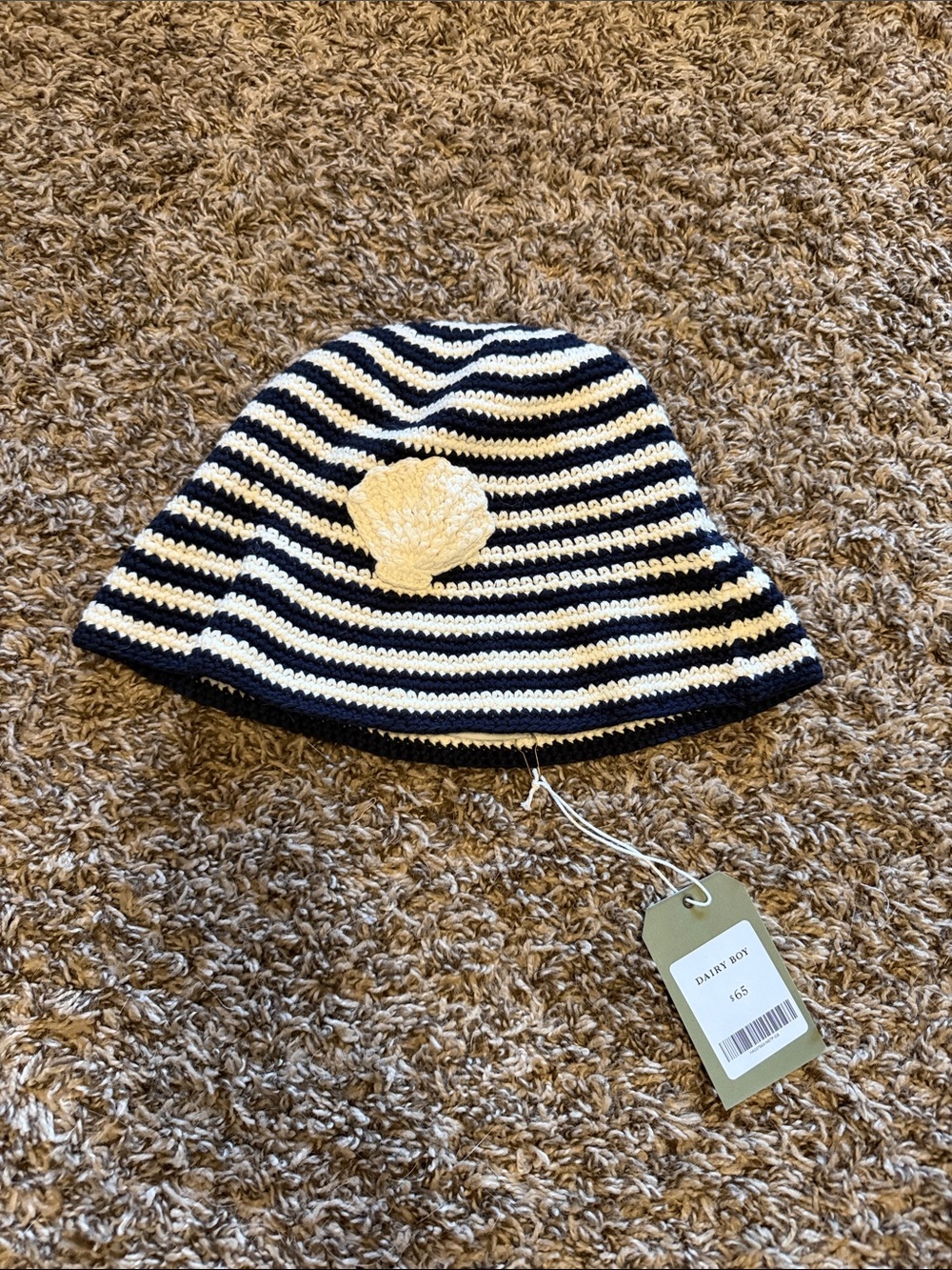 Dairy boy Navy & White Striped Crochet Bucket Hat with Shell Accent